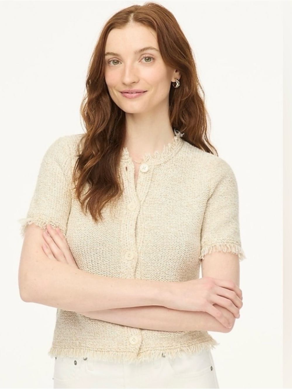 J. Crew Cream Short-Sleeve Fringe-Trim Cardigan